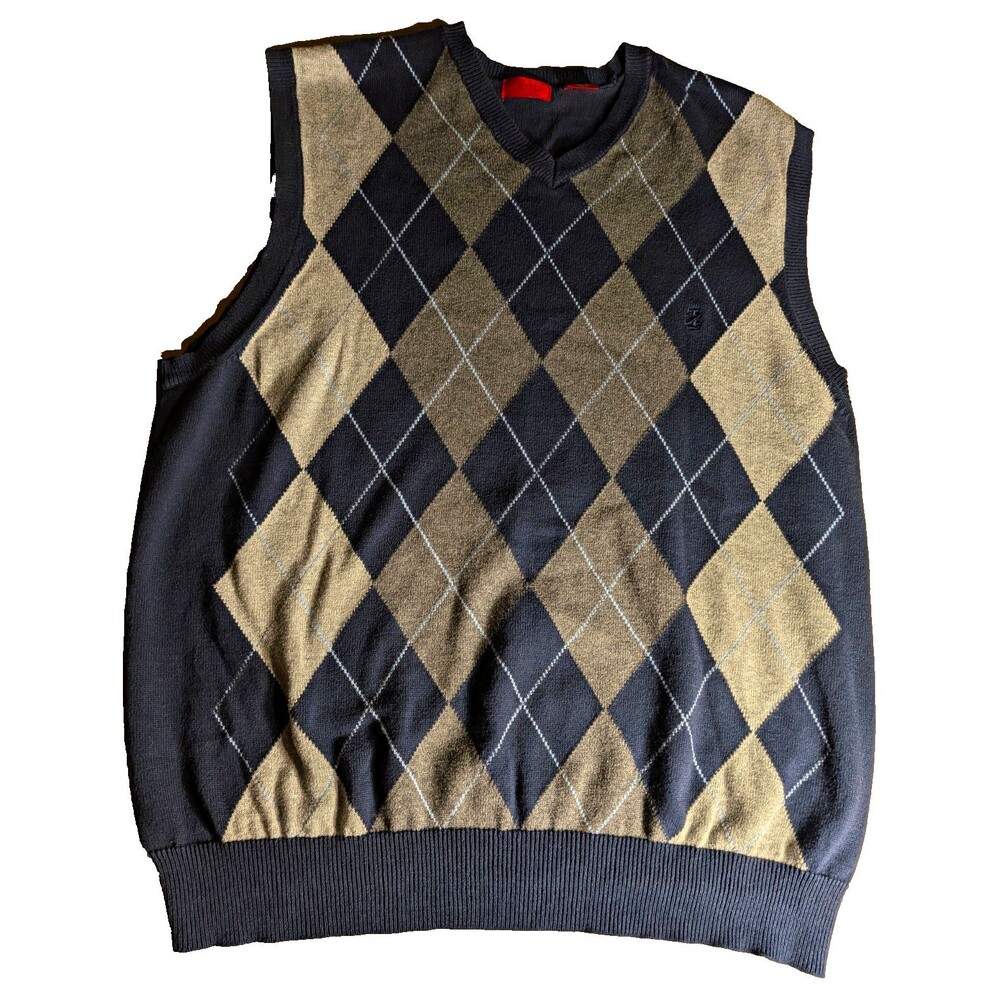 Y2K IZOD Men’s Argyle Sweater Vest Cotton V-Neck Preppy Academic Navy/Gray L